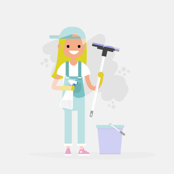 清洁服务。小角色在擦窗户。家务活。清理。平面可编辑矢量插图，剪辑艺术图片下载