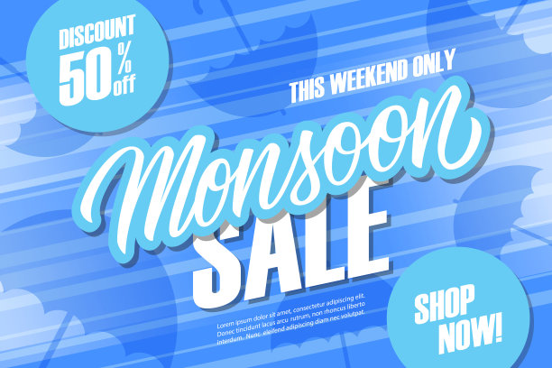 季候风大减价特别优惠背景与手绘字母和雨伞，供季节性购物。本周末折扣高达五折。现在商店!图片下载