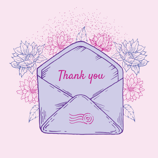 浅色背景上带有花朵的紫色轮廓信封图片下载