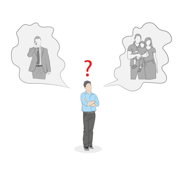 男人站起来，选择事业或家庭。矢量插图。图片下载