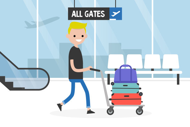 机场。年轻的游客推着行李车。行李手推车。旅行。旅游业。飞行。平面可编辑矢量插图，剪辑艺术图片下载