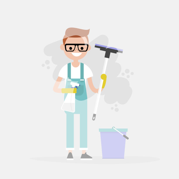 清洁服务。小角色在擦窗户。家务活。清理。平面可编辑矢量插图，剪辑艺术图片下载