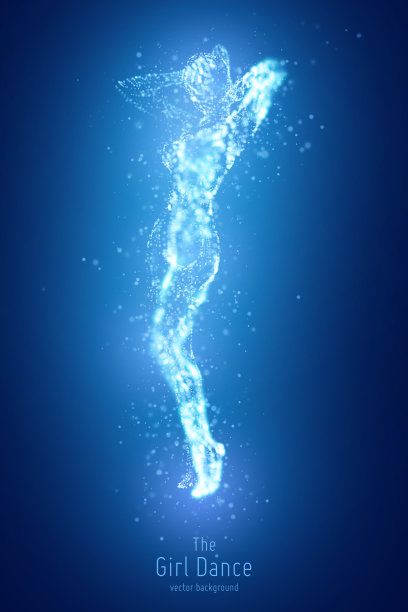 用点构造的向量蓝色跳舞女孩。优雅的慢舞姿势。女性美的概念在娇小的舞蹈动作中具有景深效果。错综复杂的女性剪影在一个俱乐部。图片下载