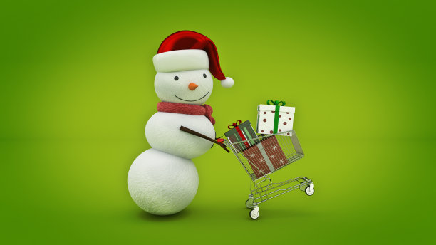 戴着圣诞帽和购物车的雪人图片下载