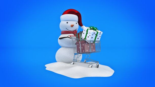 戴着圣诞帽和购物车的雪人图片下载