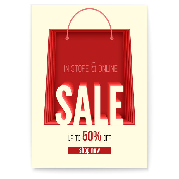 海报购物袋与销售行动在商店和网上获得高达五折的折扣。剪纸风格与文字信息设计。设计折扣活动的布局，3D插图图片下载