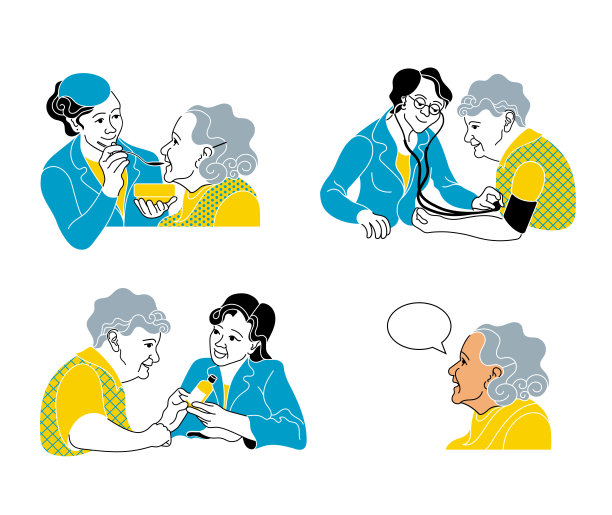 照顾老人。咨询医疗诊断。照顾生病的老妇人的护士。医生给病人吃药。医疗和保健海报。照顾老年人图片下载