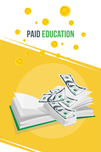 付费教育的理念。一条横幅，上面有一本书和一捆钱和金币图片下载