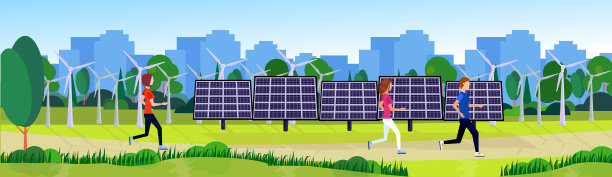 城市公园，人们运行清洁能源，风力涡轮机，太阳能电池板，河流，绿色草坪，树木，城市建筑模板背景平横幅图片下载