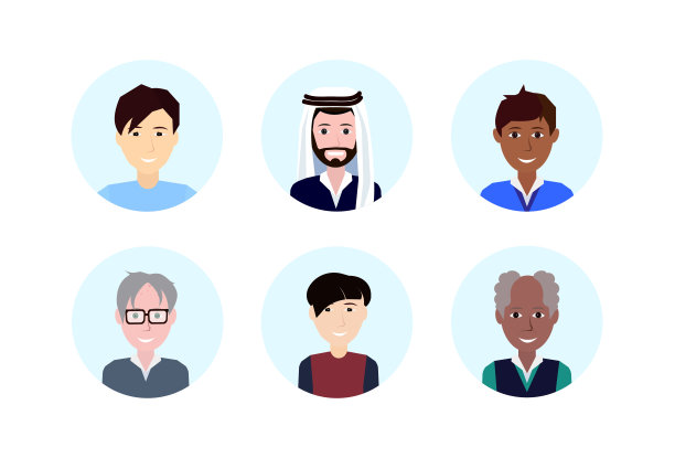 设置老年人混合种族男子组角色男性模板设计动画上的白色背景肖像平图片下载