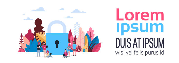 数据存储概念超越挂锁背景商务人士携手合作，手持多样性小工具，复制空间旗帜扁平化图片下载