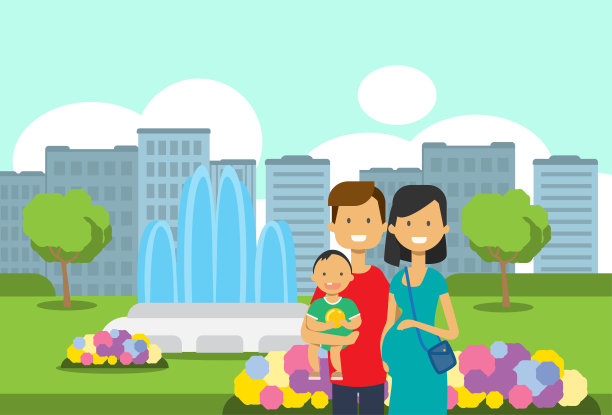 怀孕的母亲父亲抱婴儿儿子肖像头像头像城市公园喷泉鲜花绿色草坪树木城市景观模板背景平坦图片下载