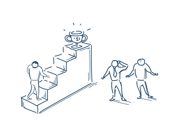 商人团队努力向上走楼梯，概念商人赢得奖品奖杯，商人素描白色背景图片下载