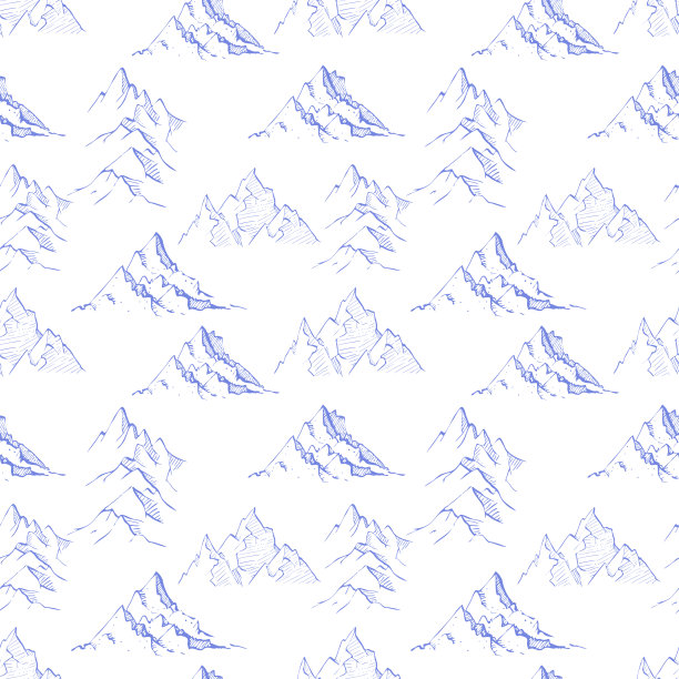 无缝模式与蓝色涂鸦素描山在白色的背景。可用于壁纸、图案填充、纺织品、网页背景、表面纹理。图片下载