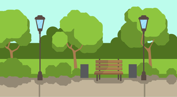 城市公园木凳街灯绿化草坪树木模板背景平坦图片下载