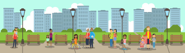 混合种族家庭多代概念城市公园木凳路灯绿化草坪树木模板城市景观背景平横幅图片下载
