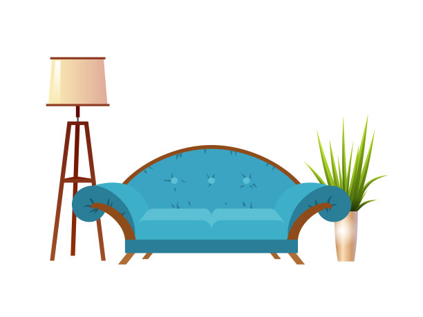 现实的红色沙发与落地灯和花盆室内矢量插图图片下载