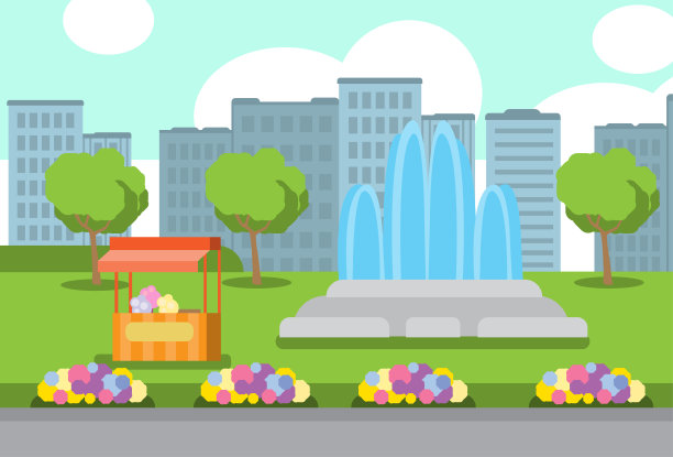 城市公园喷泉，冰淇淋，鲜花，绿色草坪，树木，城市景观模板，背景平坦图片下载