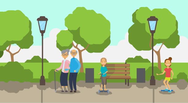 爷爷奶奶孙辈骑着回旋滑板车，全长化身在城市公园木凳街灯绿色草坪树木模板背景平面矢量插图图片下载