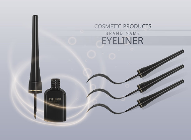 液体眼线笔组，眼线笔产品模型化妆品使用3d插图，孤立在光背景。矢量图图片下载