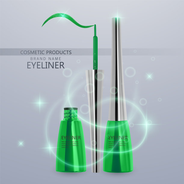 液体眼线笔，亮绿色的颜色，化妆品在3d插图中使用的眼线笔产品模型，孤立在光背景上。矢量图图片下载