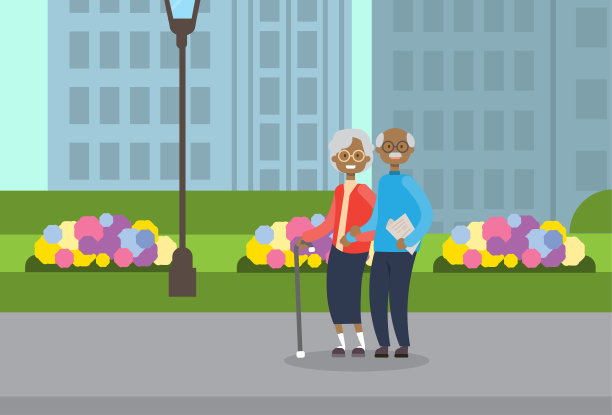 非洲爷爷奶奶夫妇，身长化身城市公园街灯绿地草坪鲜花城市景观模板背景平坦图片下载