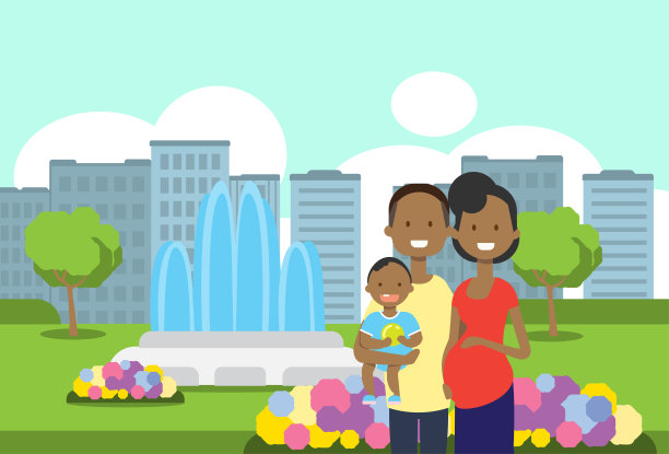非洲怀孕母亲父亲抱婴儿儿子肖像头像头像城市公园喷泉鲜花绿色草坪树木城市景观模板背景平坦图片下载