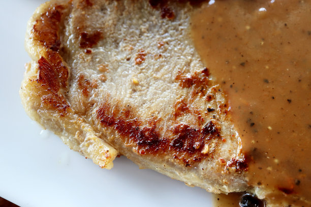 特写照片的牛排设置与黑胡椒酱在白色盘子，作为食物的背景概念。图片下载