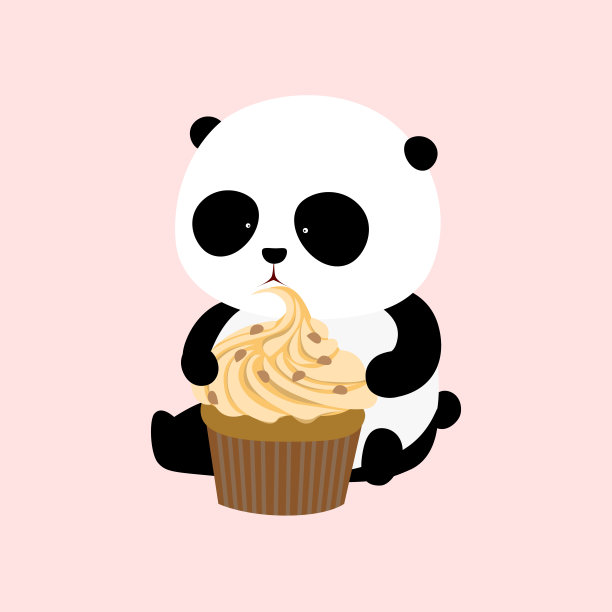 矢量图:一只可爱的卡通大熊猫正坐在地上，手里拿着一个大芒果口味的奶油巧克力蛋糕。图片下载