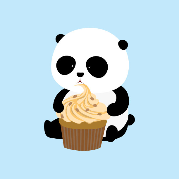 矢量图:一只可爱的卡通大熊猫正坐在地上，手里拿着一个大芒果口味的奶油巧克力蛋糕。图片下载
