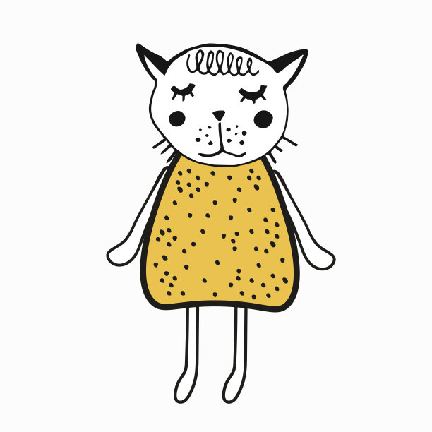 手绘插图与可爱的猫，小猫与连衣裙在斯堪的纳维亚风格。纺织品印花或海报。孩子图纸设计图片下载