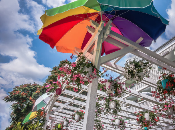 保加利亚瓦尔纳的街头咖啡馆，有遮阳伞和鲜花图片下载