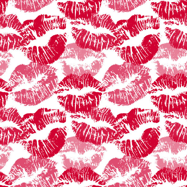 无缝模式与口红吻。唇印的红色和粉红色阴影孤立在白色的背景。无尽的装饰你的印刷，包装或浪漫的贺卡设计图片下载