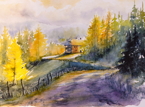 秋天的山水水彩画图片下载