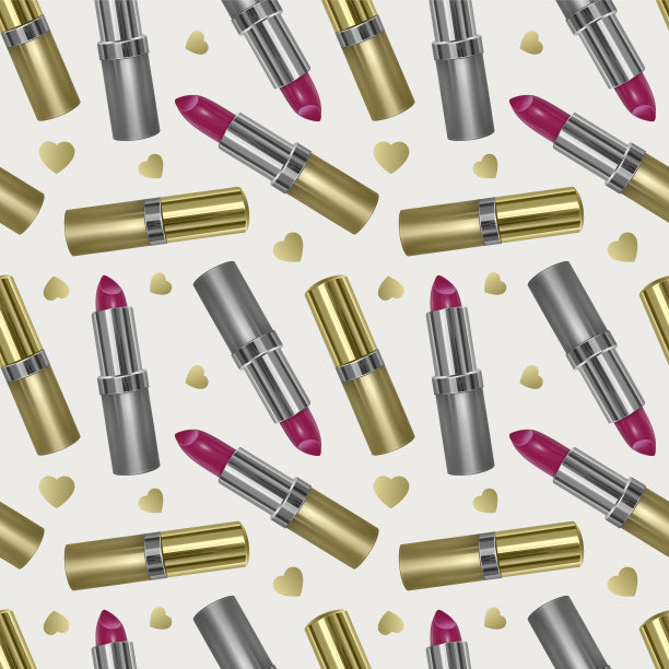 矢量无缝模式与现实的3d口红，金色口红纹理上的白色背景图片下载