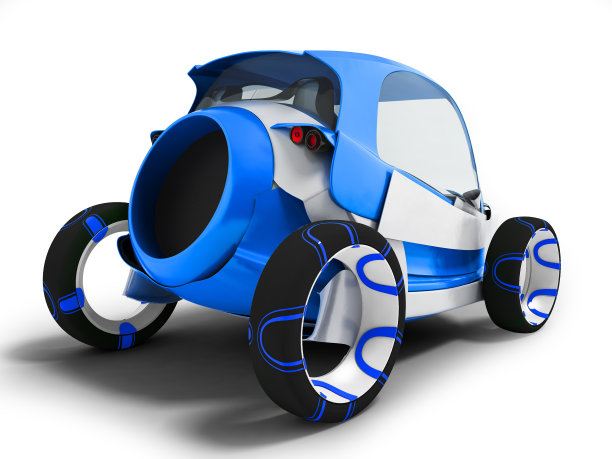 现代深蓝色的电动汽车在机场旅行，在后方的白色背景上有阴影的3d渲染图片下载