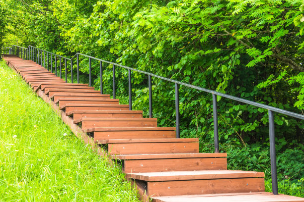 公园里刷着棕色油漆的木楼梯通向小山，那座山。图片下载
