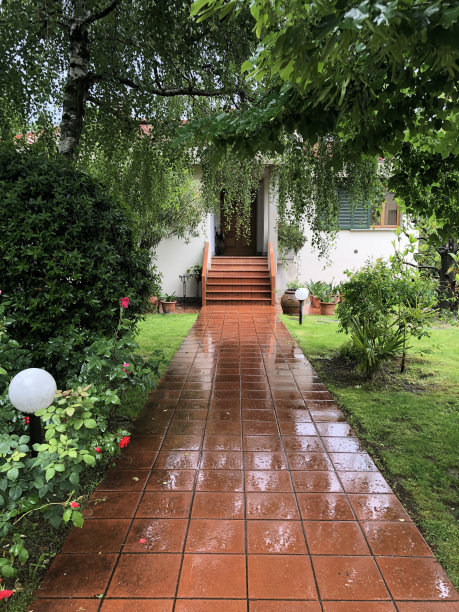 雨后有花园的房子的入口走道图片下载