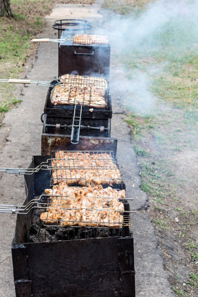 三个火盆分别用来烤羊肉串、烤肉、野餐时做饭图片下载