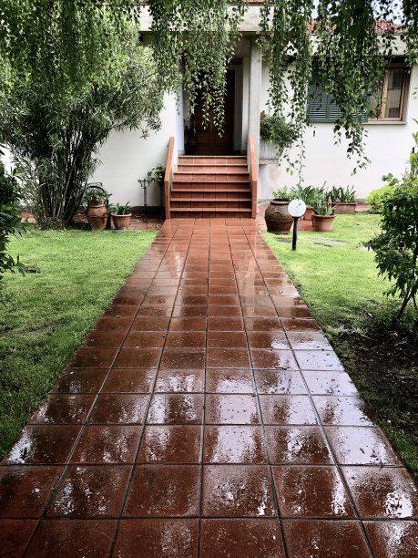 雨后有花园的房子的入口走道图片下载