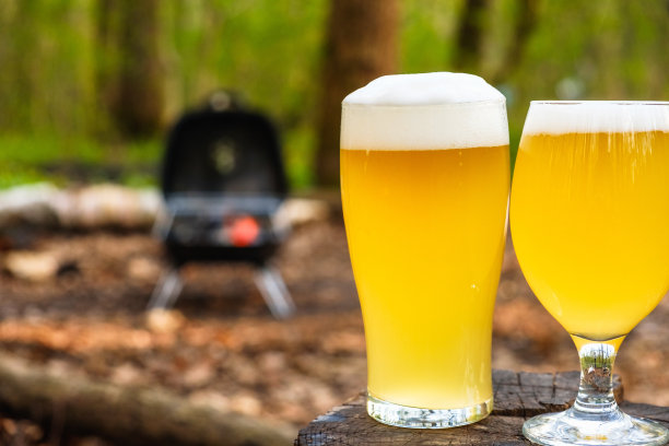 啤酒杯和鸡翅在烧烤的背景。图片下载