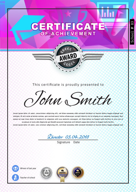 正式的白色证书，粉蓝色三角形和教育设计元素，毕业帽，杯。干净的现代设计。Afstract背景图片下载