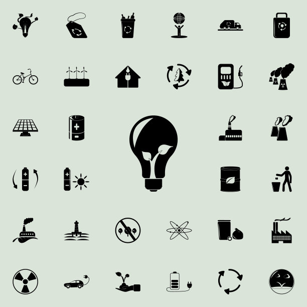 在灯泡图标上发芽。详细的一套生态图标。优质的平面设计标志。收藏图标之一的网站，网页设计，移动应用程序图片下载