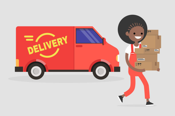 送货服务。年轻的快递员微笑着拿着一堆包裹。交通工具。平面矢量插图，剪辑艺术图片下载