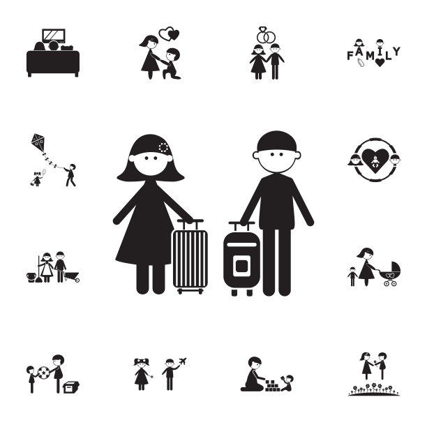 情侣在爱手提箱图标。详细的家庭图标集。优质的平面设计标志。收藏图标之一的网站，网页设计，移动应用程序图片下载