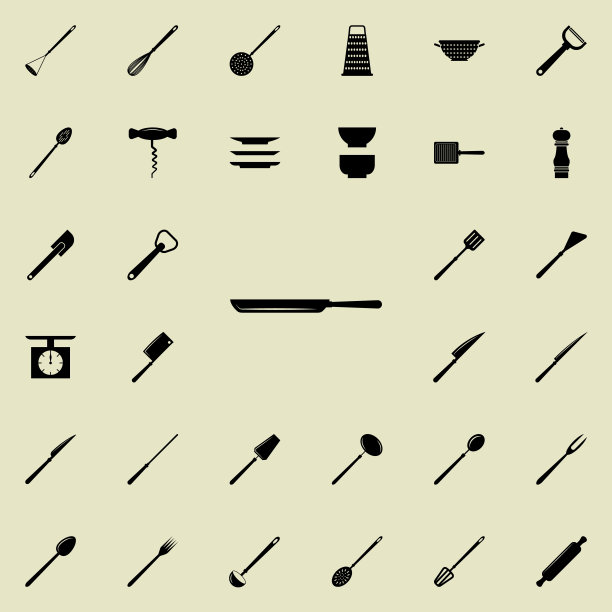 煎锅图标。厨房工具图标的详细设置。优质的平面设计标志。收藏图标之一的网站，网页设计，移动应用程序图片下载