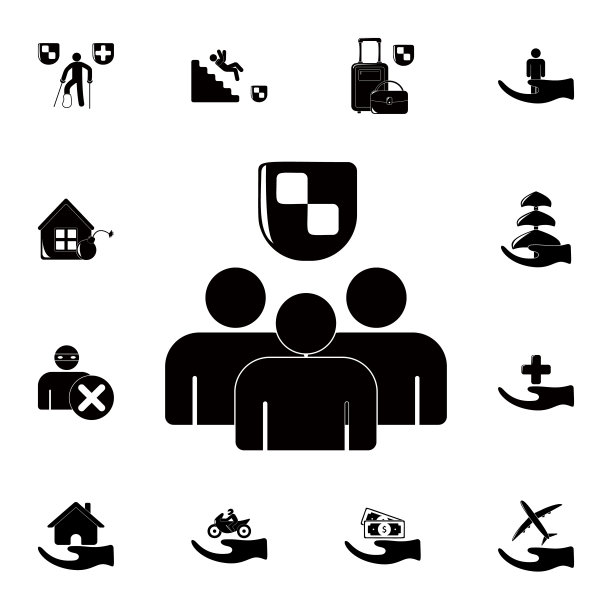 人盾下的图标。详细的一套保险图标。优质的平面设计标志。收藏图标之一的网站，网页设计，移动应用程序图片下载