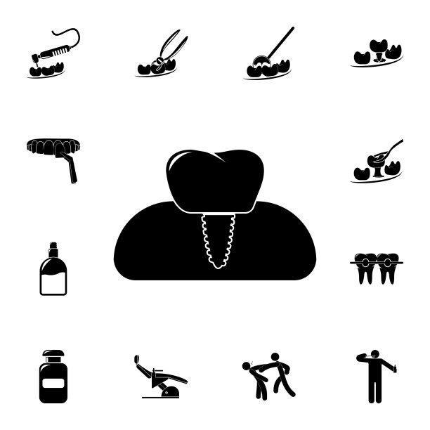 牙科植体图标。详细的一套牙科图标。优质的平面设计标志。收藏图标之一的网站，网页设计，移动应用程序图片下载
