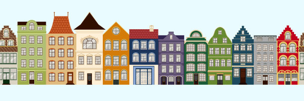 可爱复古房屋外观的无缝边界。收集欧洲建筑立面。比利时和荷兰的传统建筑图片下载