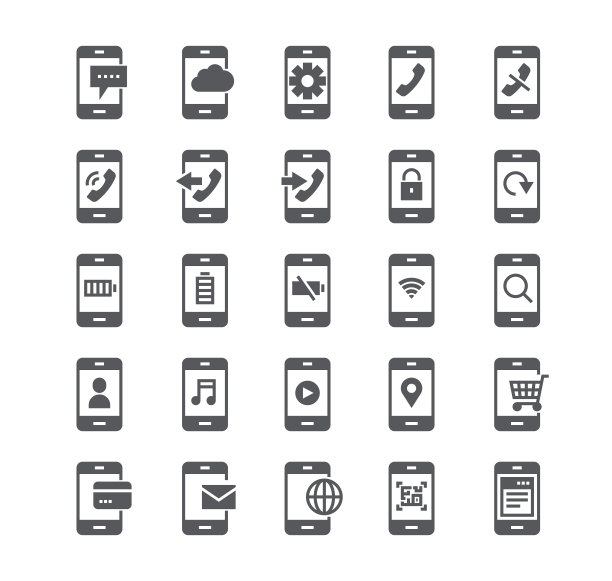 简单的平面高品质矢量图标设置，智能手机在各种情况下，电话，拒绝，安全，多媒体，电池，voip和更多。48 x48像素完美。图片下载